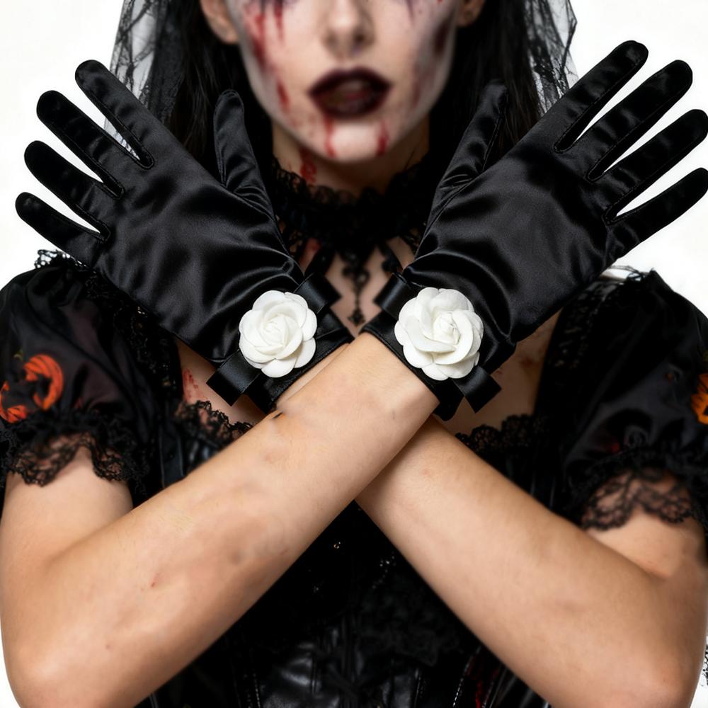 Short Gloves Women Satin Gloves Wrist Length,Flower Design, for Opera Banquet 1920s Party Wedding Halloween Costume Tea Party