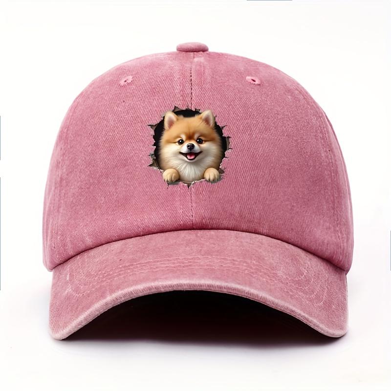 A Realistic And Adorable D Pomeranian Dog Baseball Cap for Women Featuring a Cute Plush Pet Peeking Through a Wall Window Des