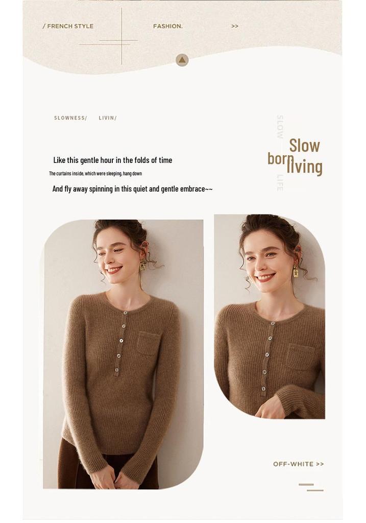 Women's Cashmere Ribbed Pullover Sweater – Round Neck with Buttons and Pockets, Autumn/Winter Collection