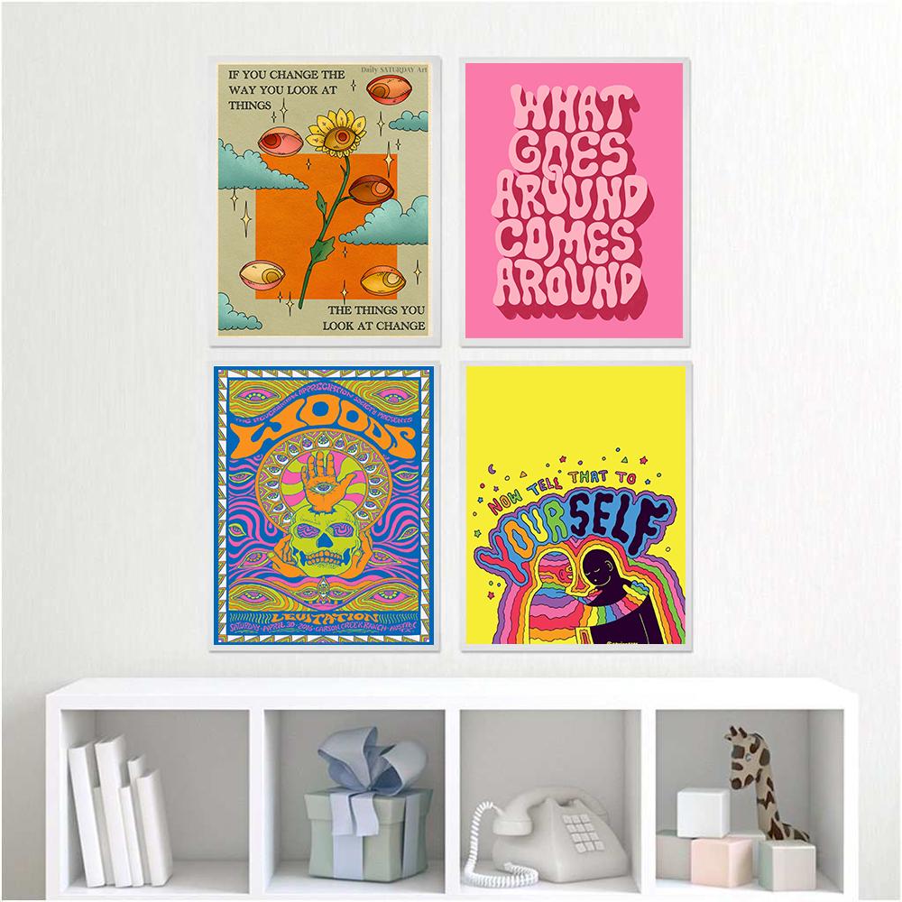 Vintage Print Artwork Hippie Your Self Quote Wall Art Canvas Painting 70s Retro Color Poster Girly Bed Room Home Decor Pictures