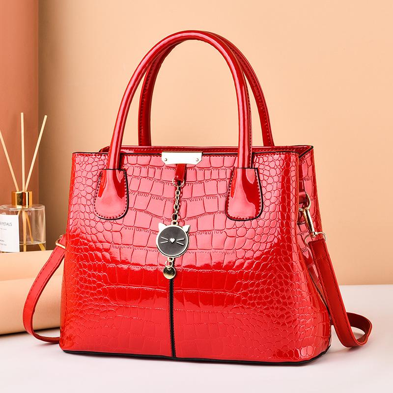 Women's Large Capacity Bright Leather Handbag - 2025 Autumn/Winter Stone Pattern Shoulder Bag