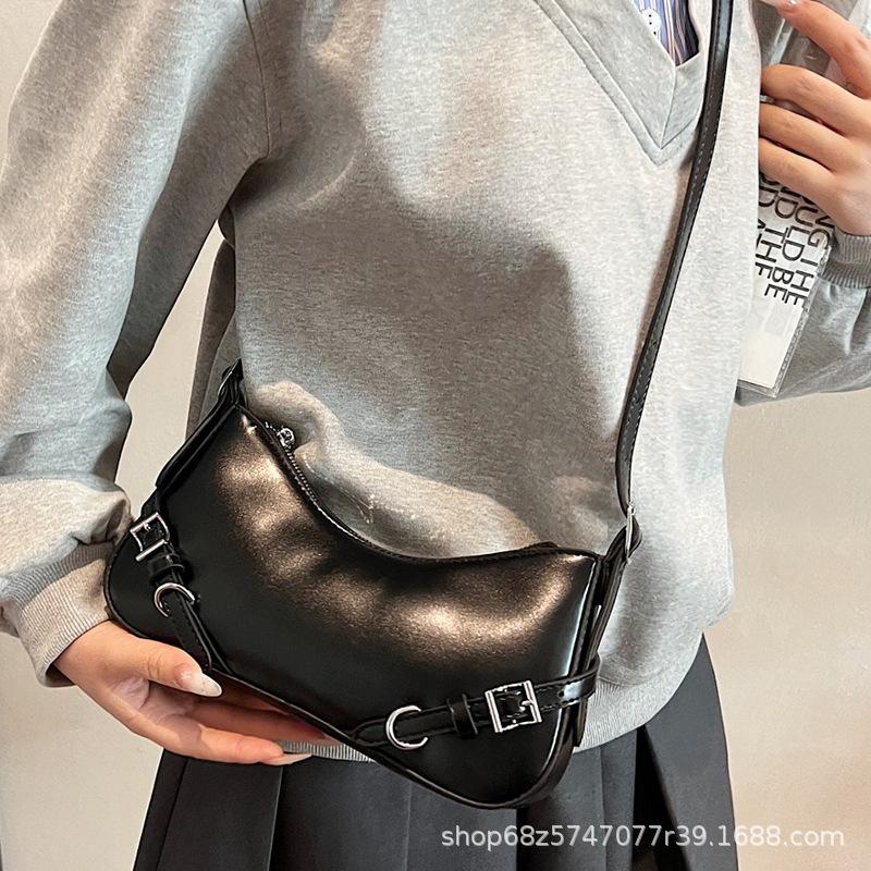 Premium sense baguette bag 2025 new product Internet celebrity live broadcast solid color belt zipper fashion shoulder underarm bag messenger bag