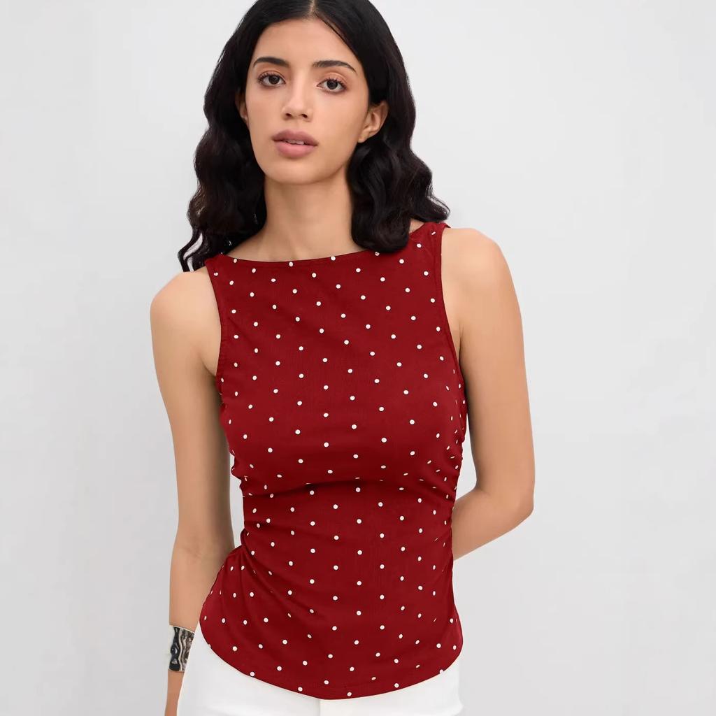 American Polka Dot Bottom Shirt Women's Summer Boat Collar Retro Pleated Waist Skinny Vest Sexy Spice Sleeveless Top