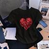 Womens WaistDefining Elastic T Shirt Red Shiny Heart Printed Short Sleeve Round Neck Top Tee Street Style Tshirts
