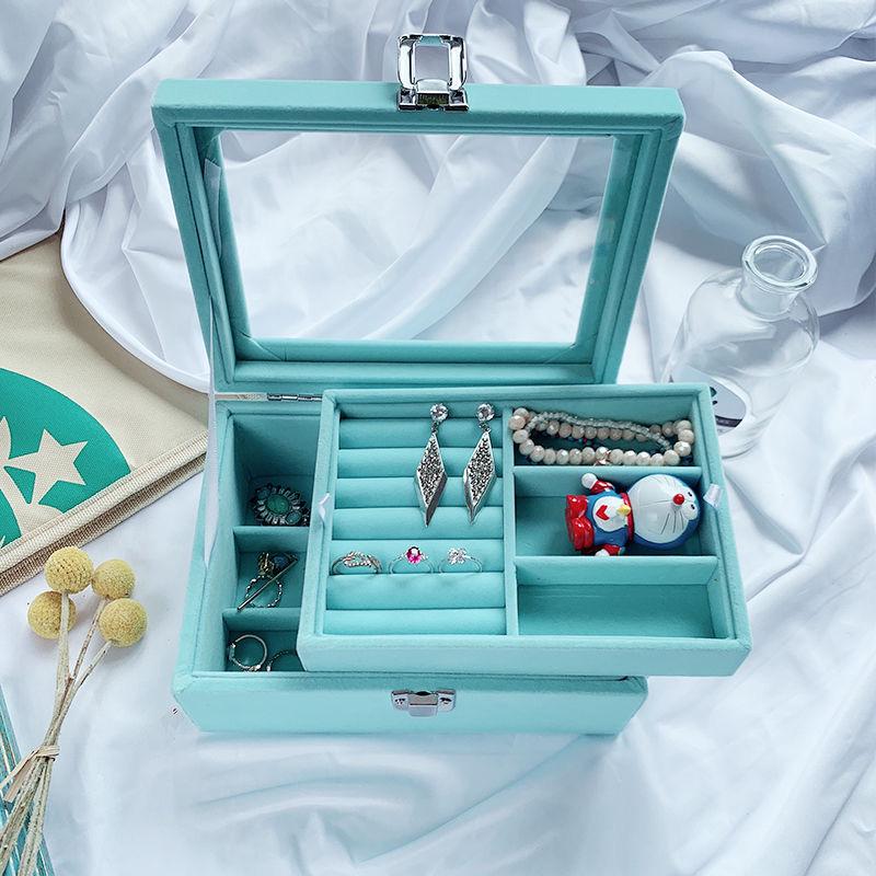 Pink Flocked Portable Jewelry Box with Lid - 316-Grit Dustproof Glass Ring & Earring Display