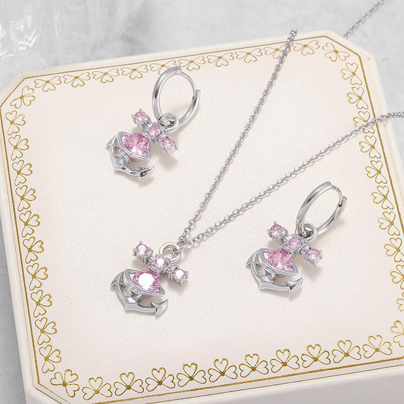 Westwood Pink Zircon Necklace and Earrings Set with Ear Cuffs - Fashionable High-End Clavicle Chain