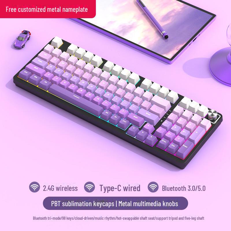 Tastatură mecanică de gaming wireless Bluetooth tri-mode cu 98 de taste și comutatoare personalizabile (Albastru, Negru, Ceai, Roșu) și design cu înlocuire la cald.