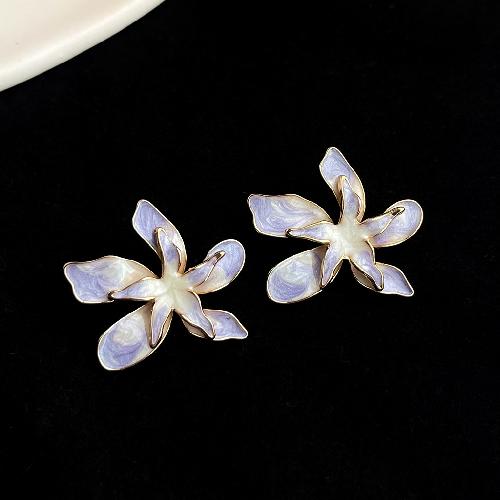 Retro oil painting flower earrings French super fairy purple oil drop earrings high-end earrings