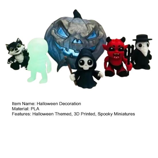 6Pcs/Set Halloween Horror Miniatures 3D Printed Miniature Spooky Figurines Pumpkin Mini Grim Reaper Wolf Zombie Ornaments for Party Favors Tabletop