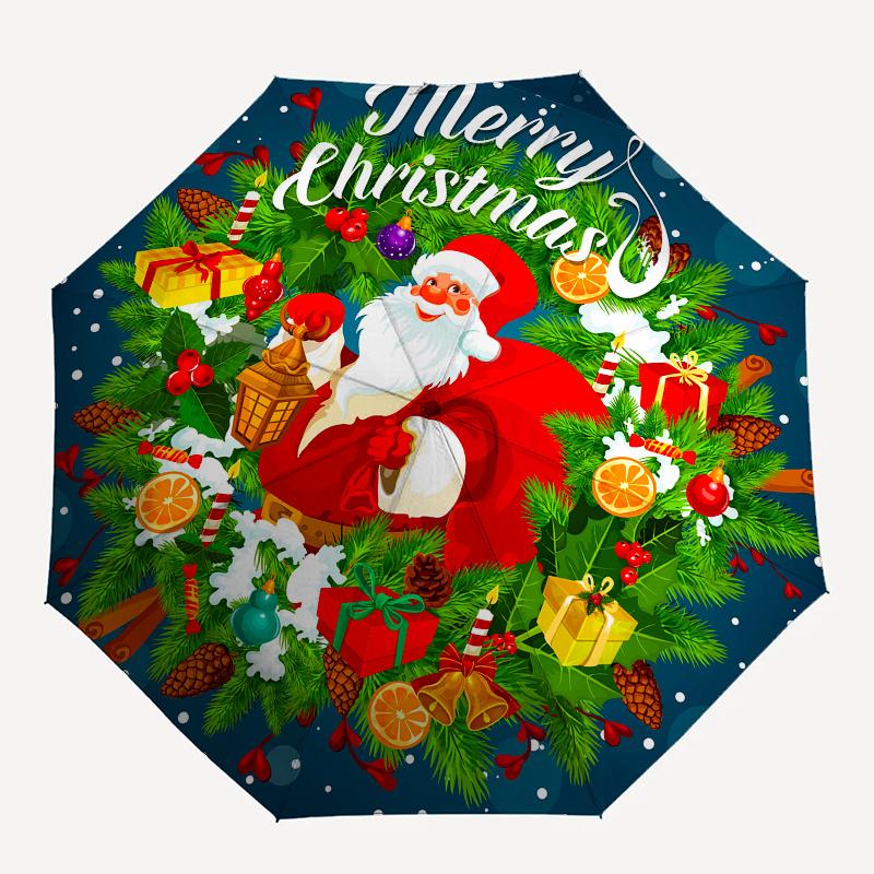 Merry Christmas Santa Claus Gift Circle StickerUmbrella, Portable 3-Fold Compact Umbrella,Christmas Gift ES418