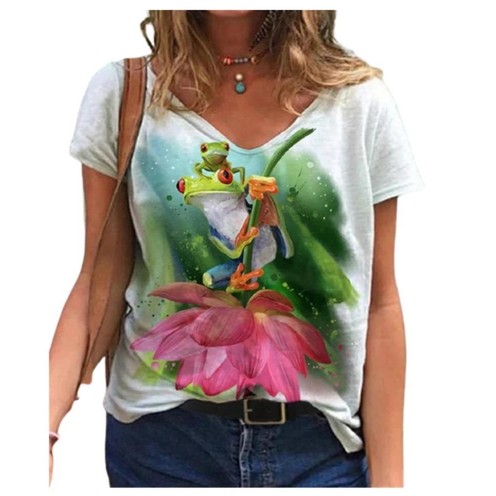 Casual Summer T-shirt 2025 New Women's 3d Floral Print T-shirt Ladies Street Wear Short-sleeved V-neck Top