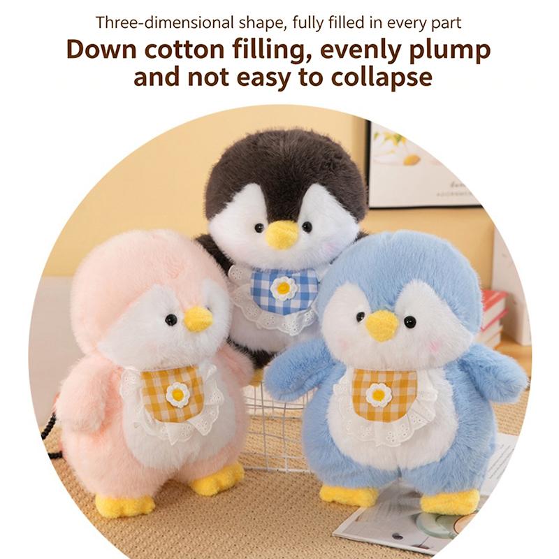 Lightweight Soft Penguin Stuffed Animal Fluffy Plush with Cute Checkered Bib for Kids Outdoor Travel Gift Decor
