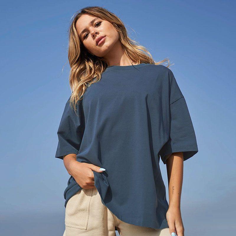 

Irongirl Heavy Weight Cotton Loose Short Sleeve Women s Fitness Trendy Athleisure round Neck Oversize Pure Color T-shirt Gray Blue M