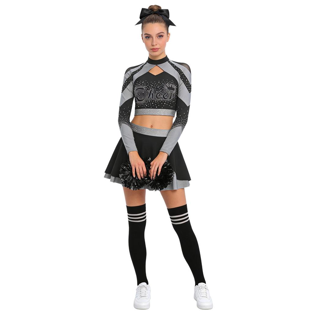 Uniforme Brillante da Cheerleading da Donna Manica Lunga Strass Crop Top Gonna da Pattinaggio