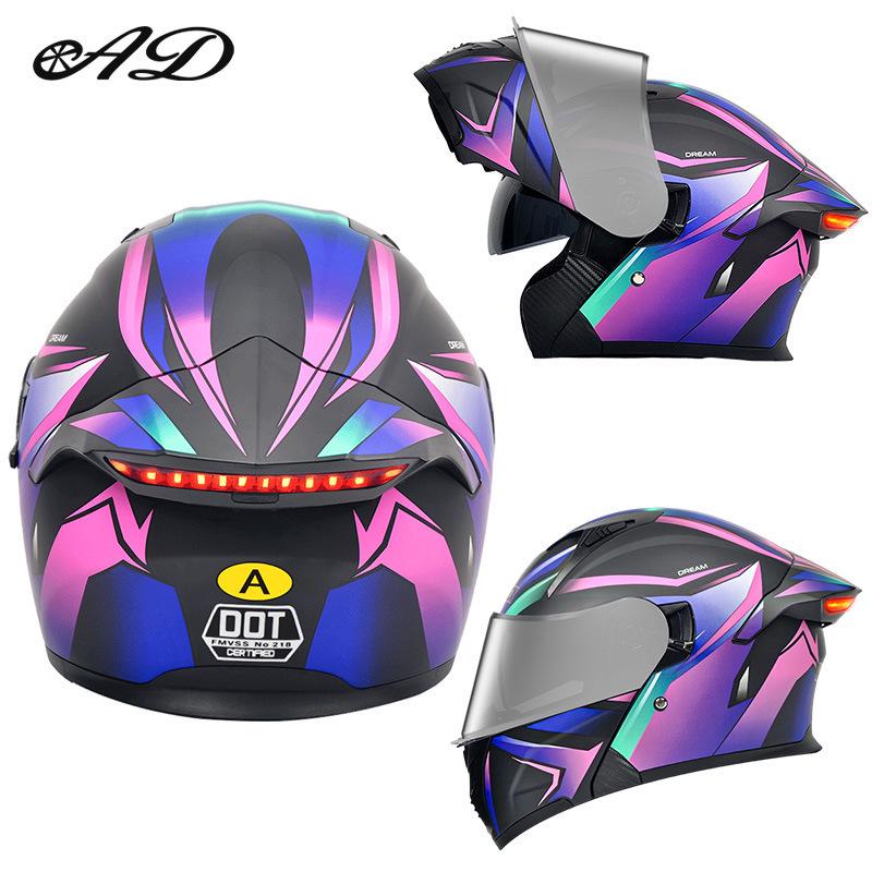 Unisex Full Face Flip-Up Motorcycle Helmet with LED Taillight, All-Season, 3C/DOT Certified