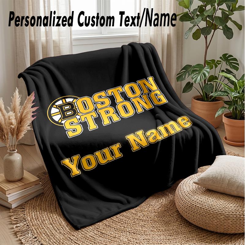 Boston Bruins Custom Flannel Throw Blanket Print Your Name Text Soft Warm Blanket Holiday Present