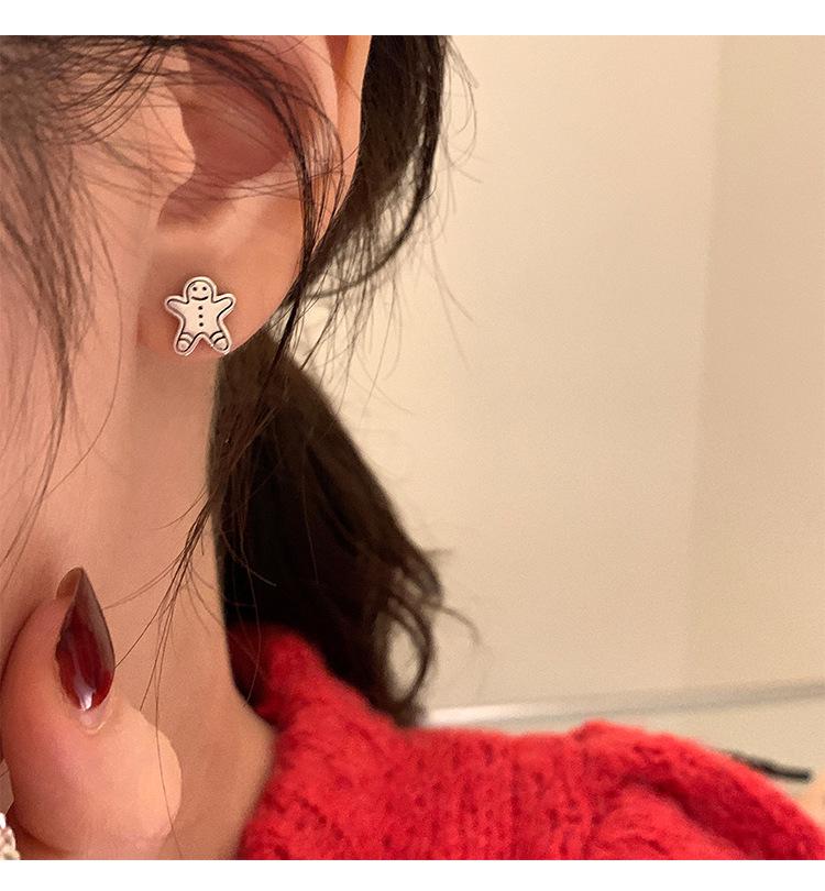 S925 Silver Cute Gingerbread Man & Bear Stud Earrings - Versatile Christmas Gift for Women