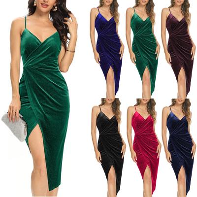 Damen Ärmellos Träger Wickel V-Ausschnitt Raffiniert Geschlitzt Party Cocktail Midi Glitzerkleid