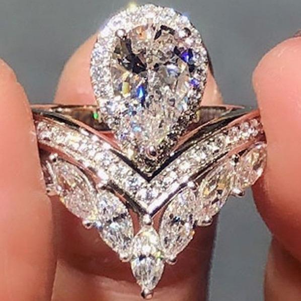 

Привлекательное кольцо цвета меди с геометрией «капля воды» для женщин, ослепительный набор колец с инкрустацией белыми камнями 10