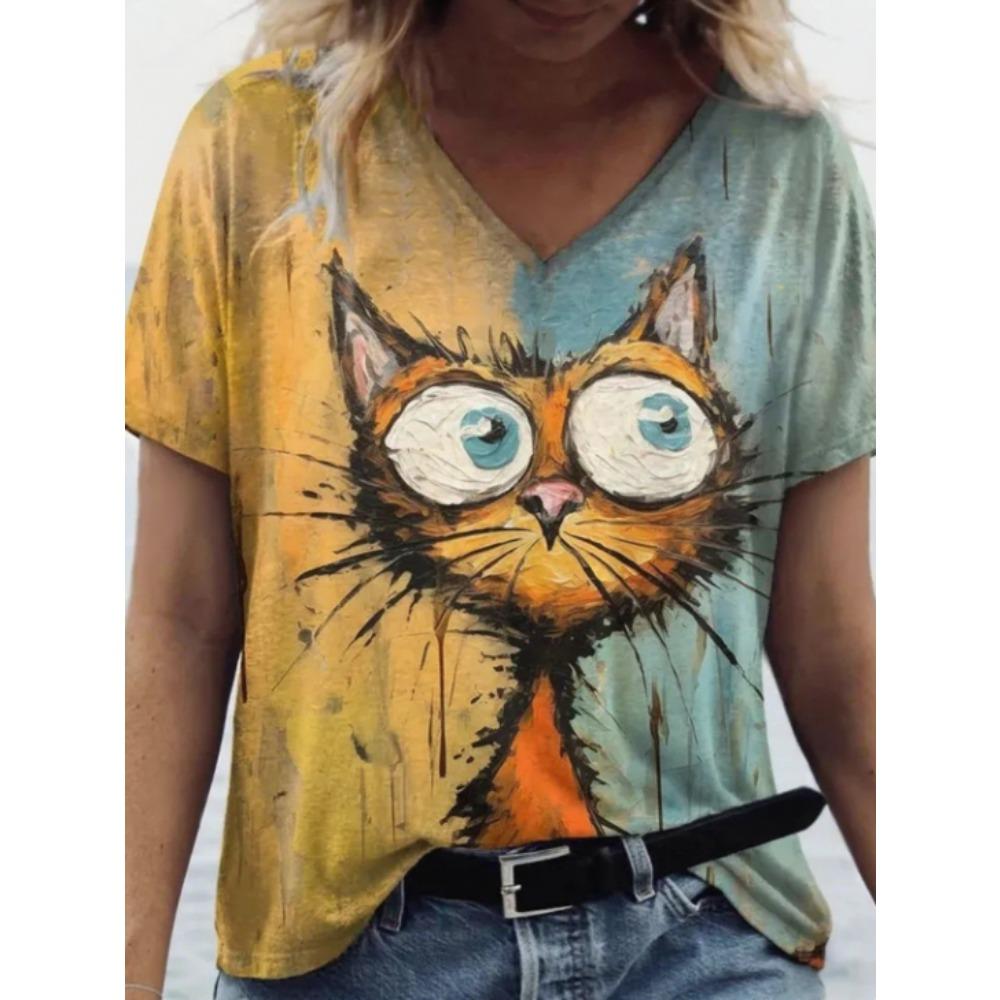 Summer V-neck Funny Cat Pattern 3D Printed Top Fashionable Casual Short Sleeved Women's T-shirts