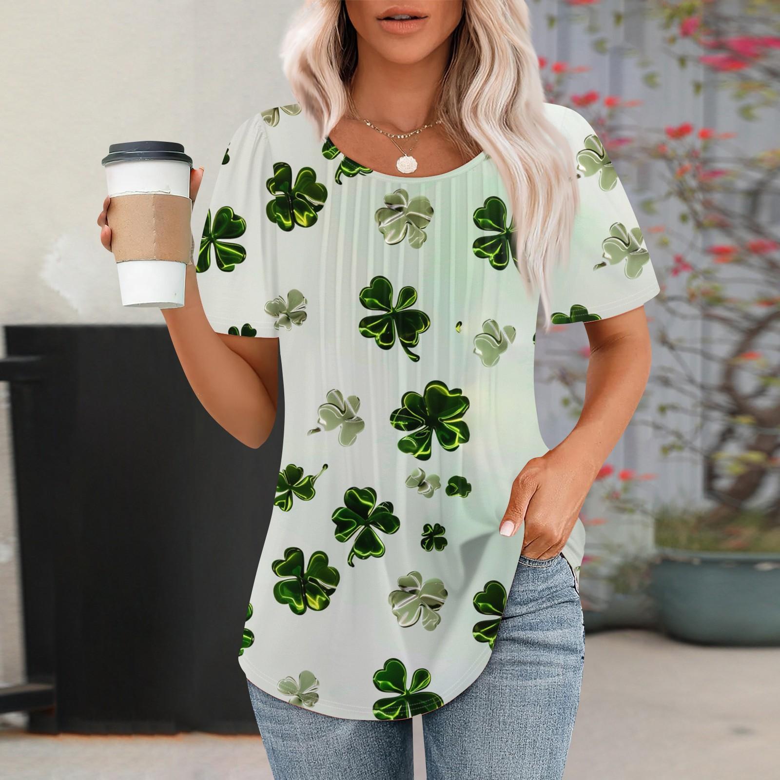 

Жіноча модна повсякденна плісирована кругла горловина St. Футболка з короткими рукавами з принтом до Дня Святого Патрика L білий