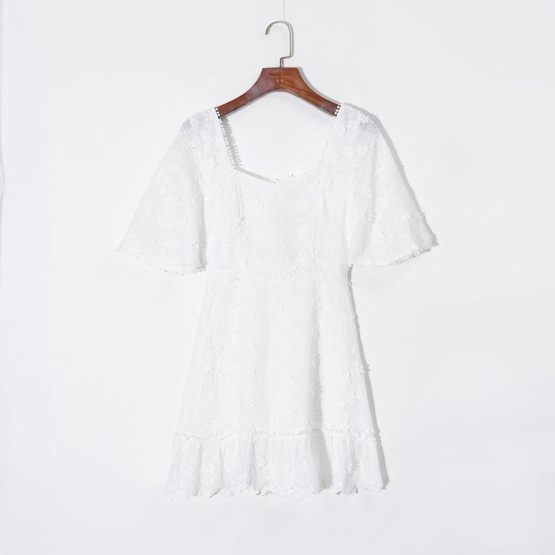 

2025 Summer Women clothes Fresh Solid Crochet Sweet Square Collar Pullover Short sleeve High Waist Slim fit Frill Dress White S