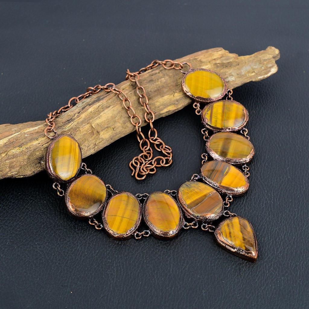 Tiger's Eye Copper Electroformed Necklace with Adjustable Chain, Handmade Gemstone Jewelry Necklace For Memorial Day