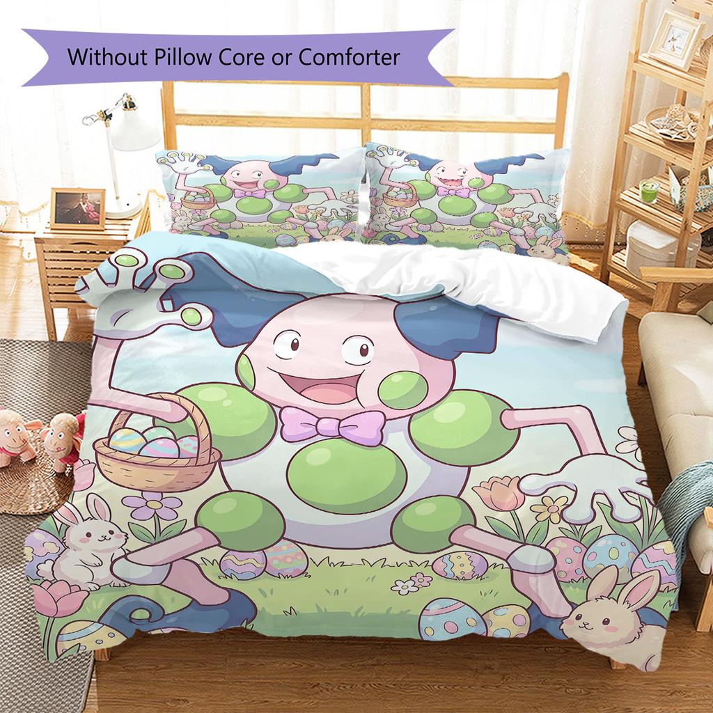 Anime Easter Pokemon Pattern Bedding Quilt Set Quilt Cover Pillowcase Home Decoration Birthday Gift (1 * duvet cover + 2 * pillowcase, without core)