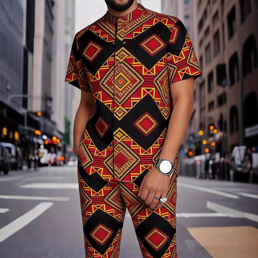 TEMU new digital printing boys fashion casual stand-up collar short-sleeved quick-drying button top trousers set