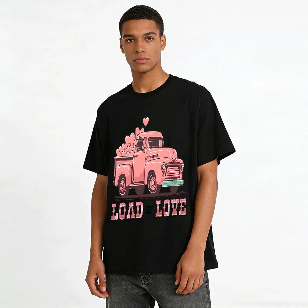 Vintage Pink Heart Truck Load of Love Print Casual Couple T-shirt Pure Cotton T-shirt