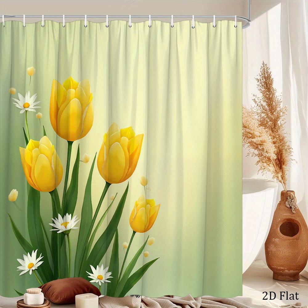 1pc a Yellow Tulip Shower Curtain Featuring Bright Flowers, Daisies, And a Soft Green And Yellow Dreamy Spring Design. Made of P