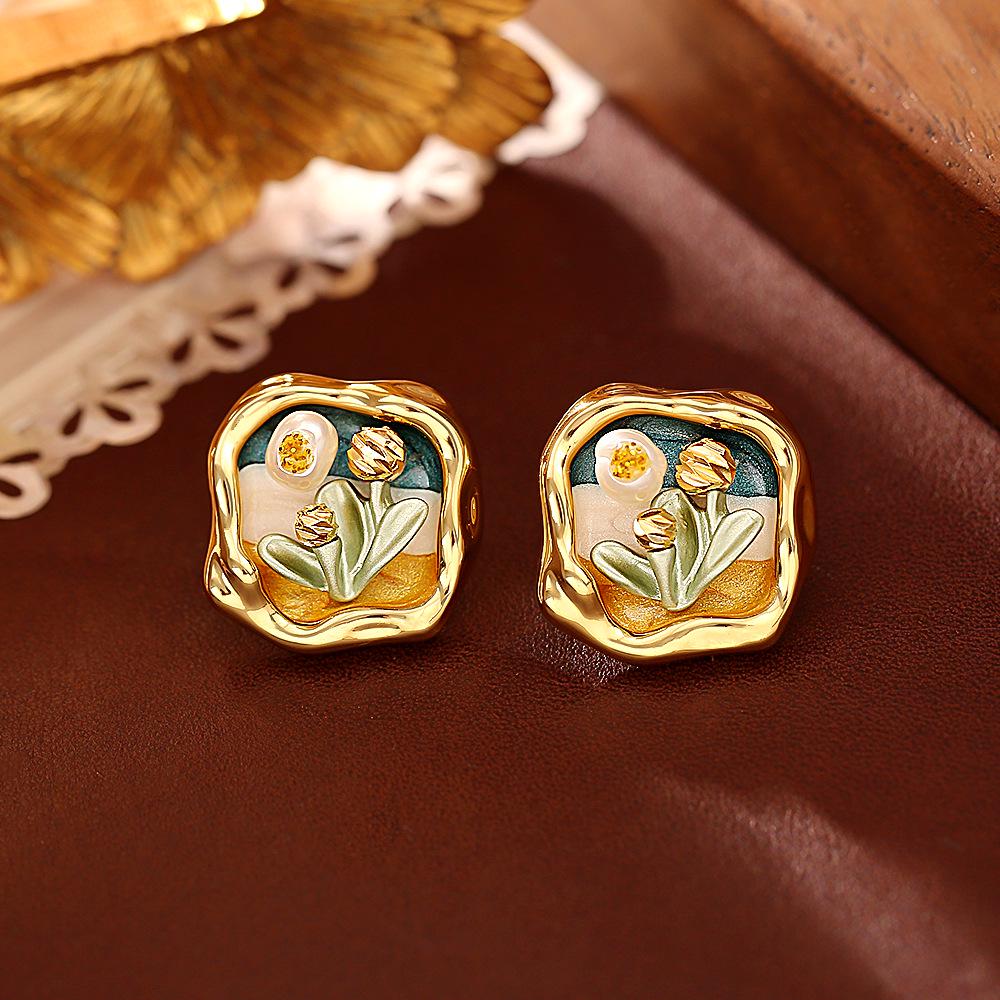 Monet Garden Geometric Freshwater Pearl Stud Earrings - Chinese Style Oil Painting Fashion Jewelry for Women