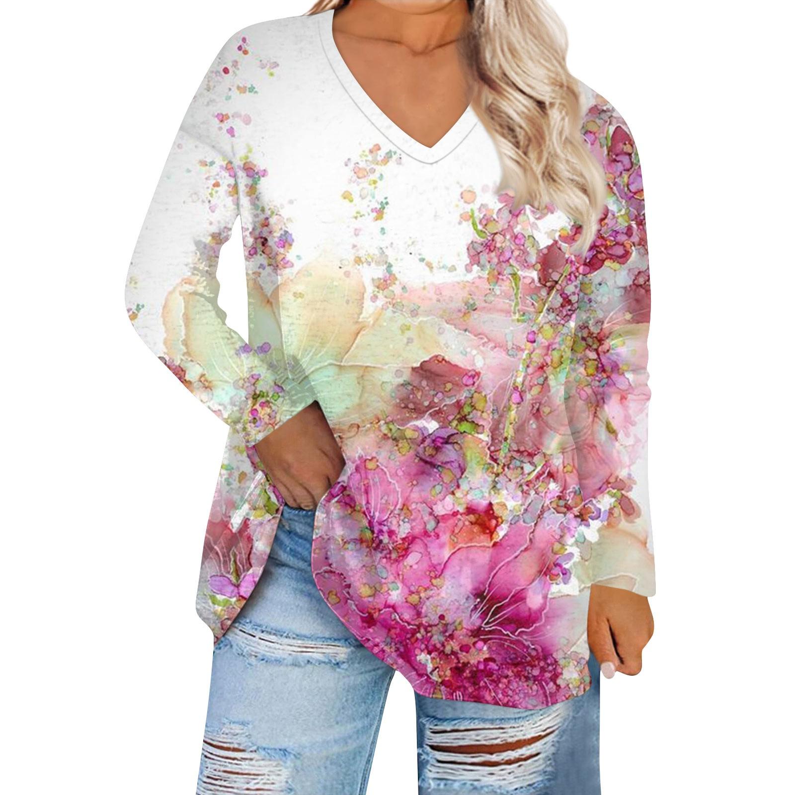 

Женский топ большого размера с v-образным вырезом, повседневные свободные удобные футболки с длинными рукавами с принтом, топы XL