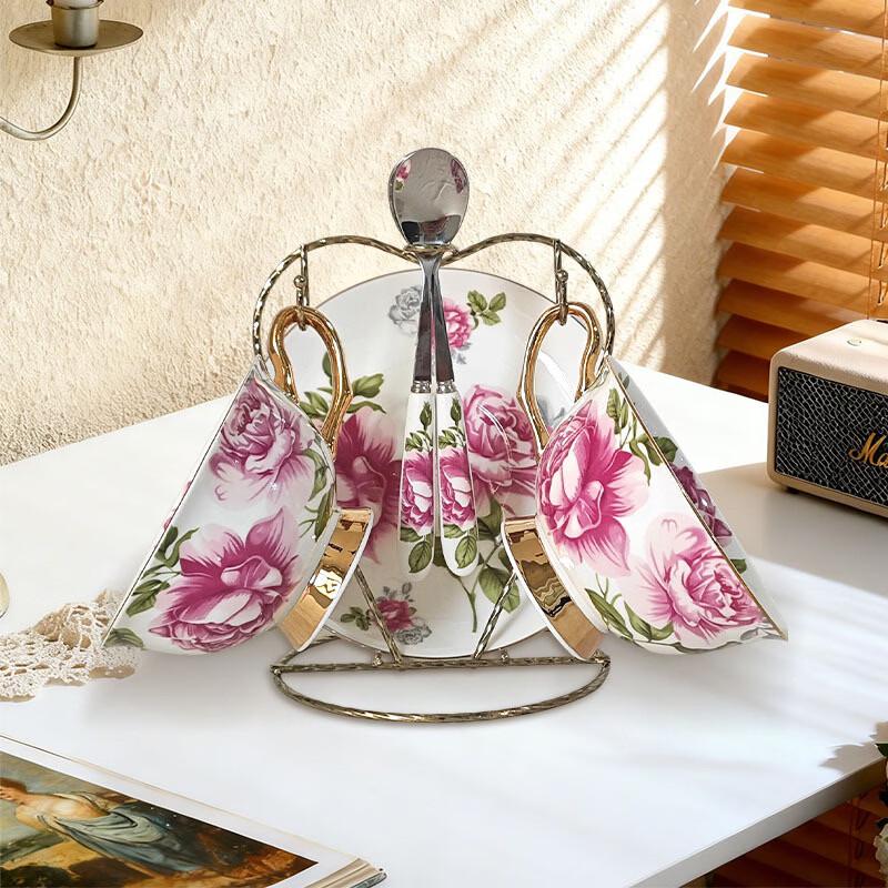 TLXT Gold-Rimmed Peony High-Temperature Coffee Set with Rack