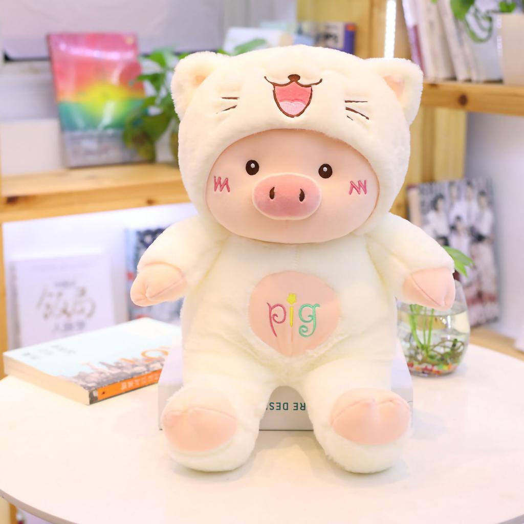 Pig Toy with Bear Hat Embroidery Craft Cartoon Shape PP Cotton Full Filling Skin Friendly Stuffed