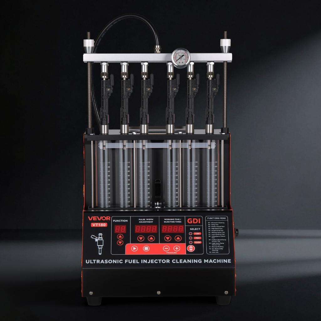 Fuel Injector Cleaner Tester, 9 Test Modes, 6-Cylinder 28kHz Ultrasonic Cleaning Machine Adjustable 12V/70V/120V for EFI/FSI/GDI, Injector Cleaner