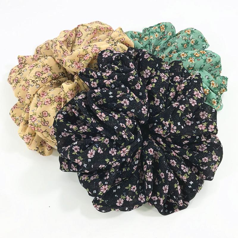 Large Hair Band Elastic Chiffon Scrunchies Floral Print Malaysian Bunch Hair Tie Oversized Volumizing Malaysian Rubber Band