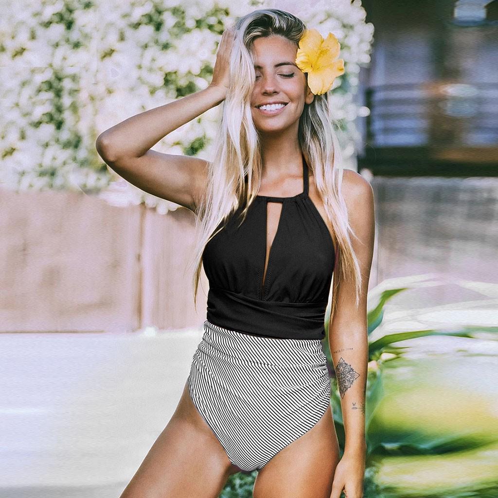 

Женский цельный купальник в полоску, купальник с эффектом пуш-ап, купальный костюм M чёрный