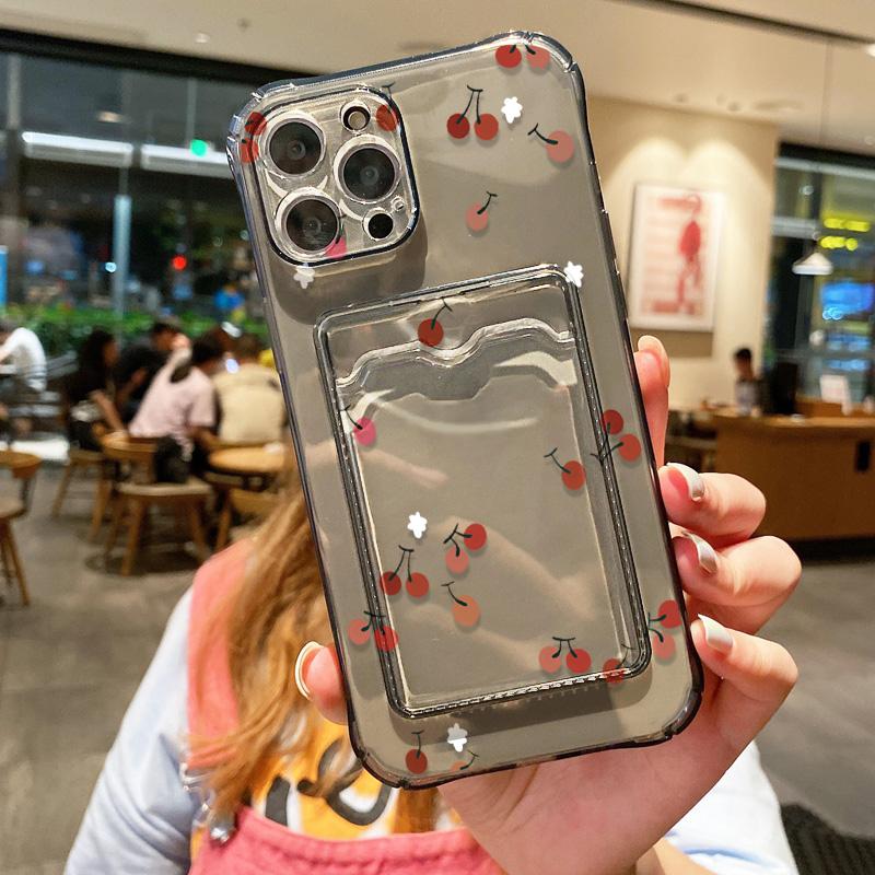 Card Holder Cherry Phone Case For iPhone 13 Funda iPhone 11 16E 16 14 15 Pro Max 12 XR X Xs 7 8 Plus SE Shockproof Silicon Cover