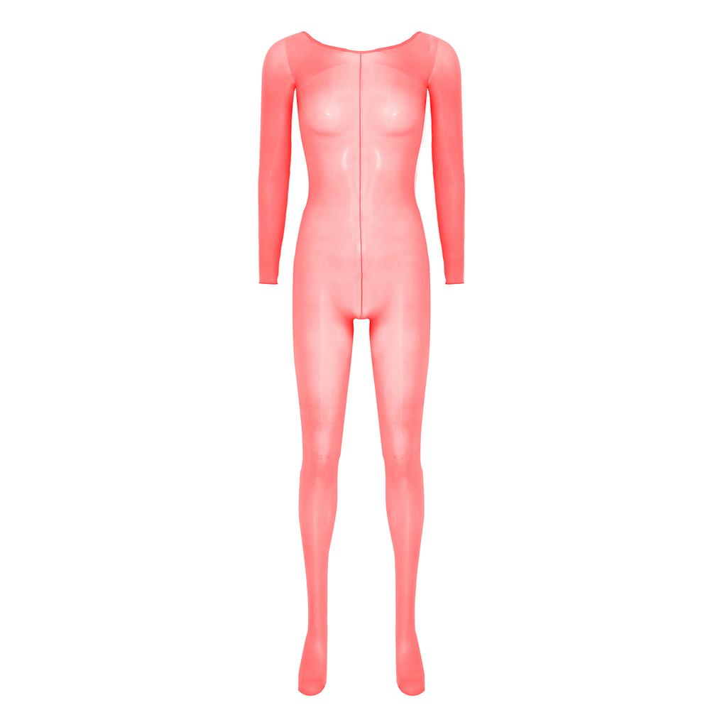 Womens Glossy Unitard See-through Stretchy Bodystocking Long Sleeve Bodysuit Valentines Day Nightwear