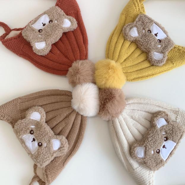 Autumn Winter Baby Hats Cute Big Wool Ball Knitted Children's Ear Protection Hat Super Cute Little Bear Double-layer Warm Woolen Hat
