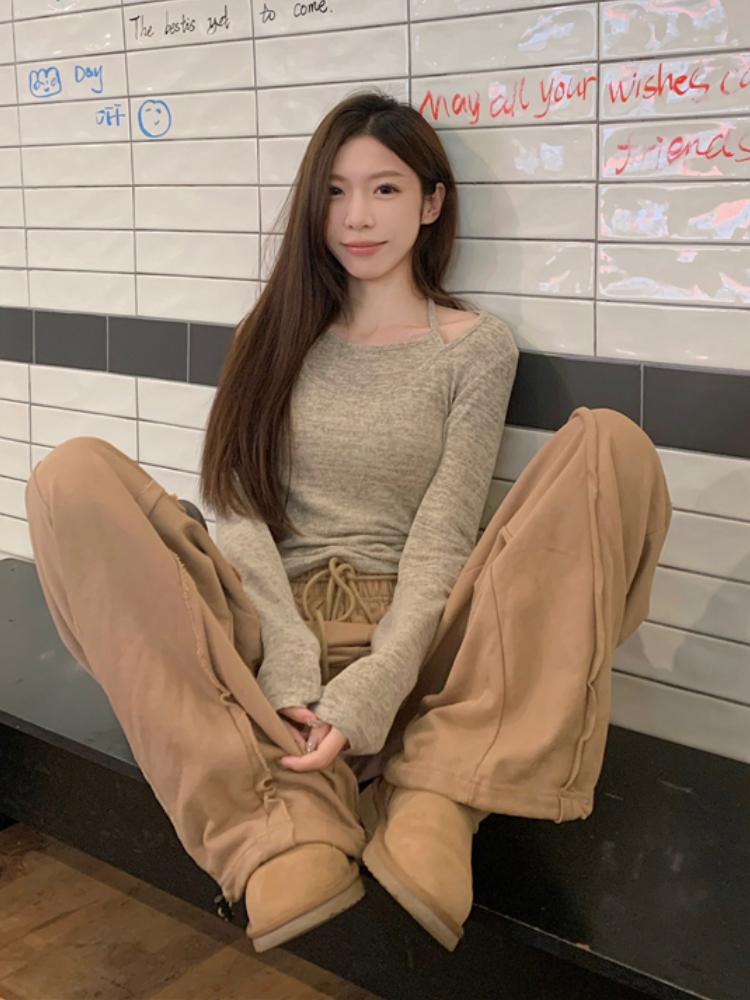 Sweet Hanging Neck Fake Two Pieces Tops Women Korean Chic Bottoming Slim T-Shirt Harajuku Fashion Casual Clothes Autumn 2024 New