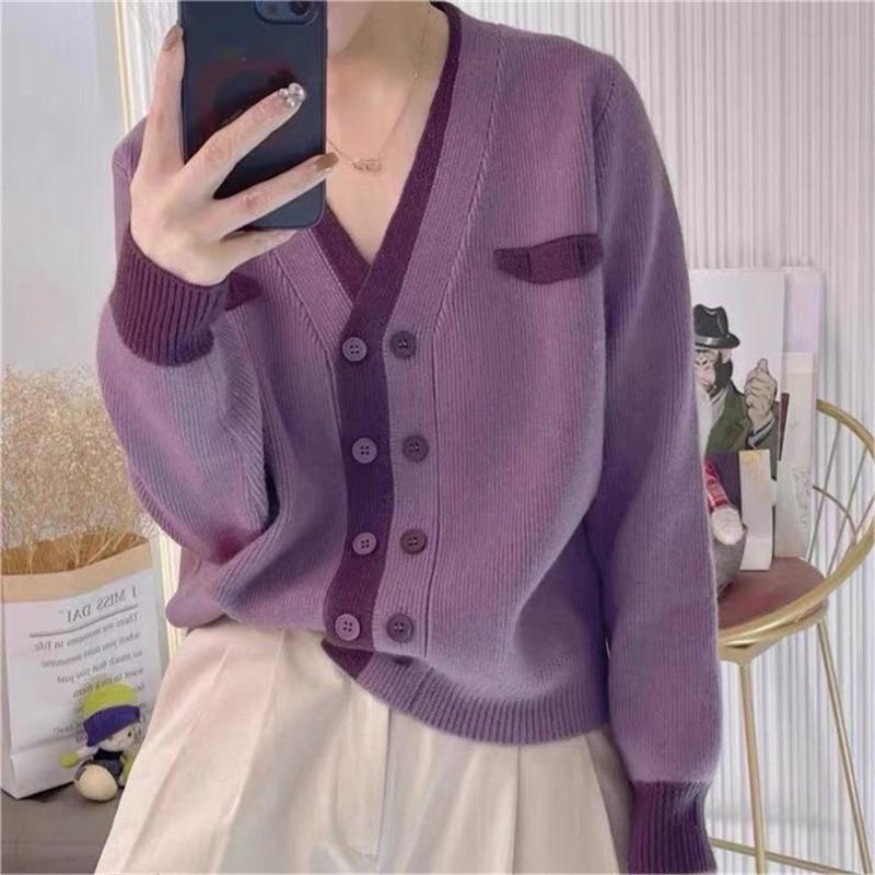 Double-breasted Casual Simple Knitted Cardigan Top Women's Autumn and Winter New Loose Versatile V-neck Sweater Jacket