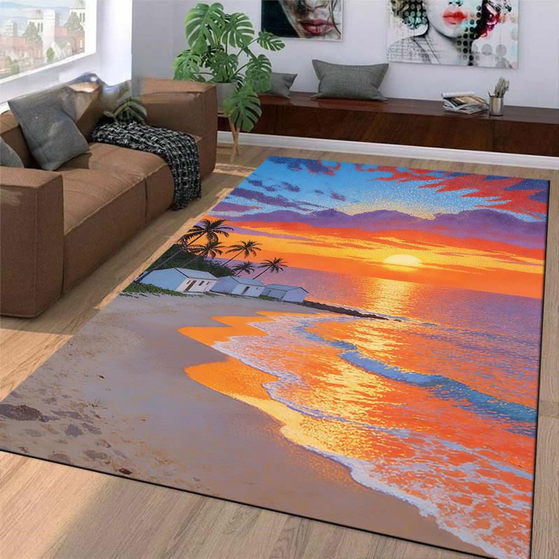 Tropical Sunset Beach Carpet with Palm Trees and Ocean View Pattern Suitable for use as an anti-slip for living room bedroom sofas