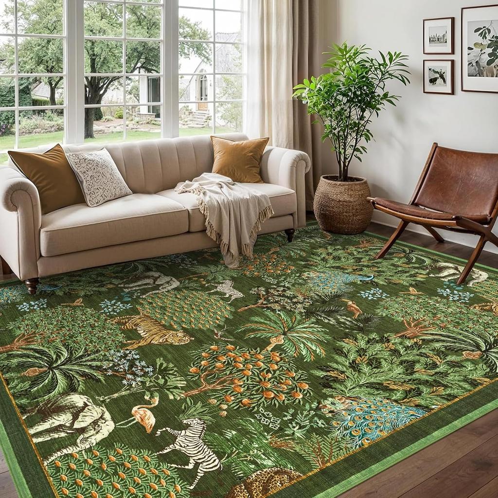 Large Living Room Carpet Soft Machine Washable Bedroom Bedside Rug Jungle Pattern Animal Print Short Velvet Non-slip Floor Mat