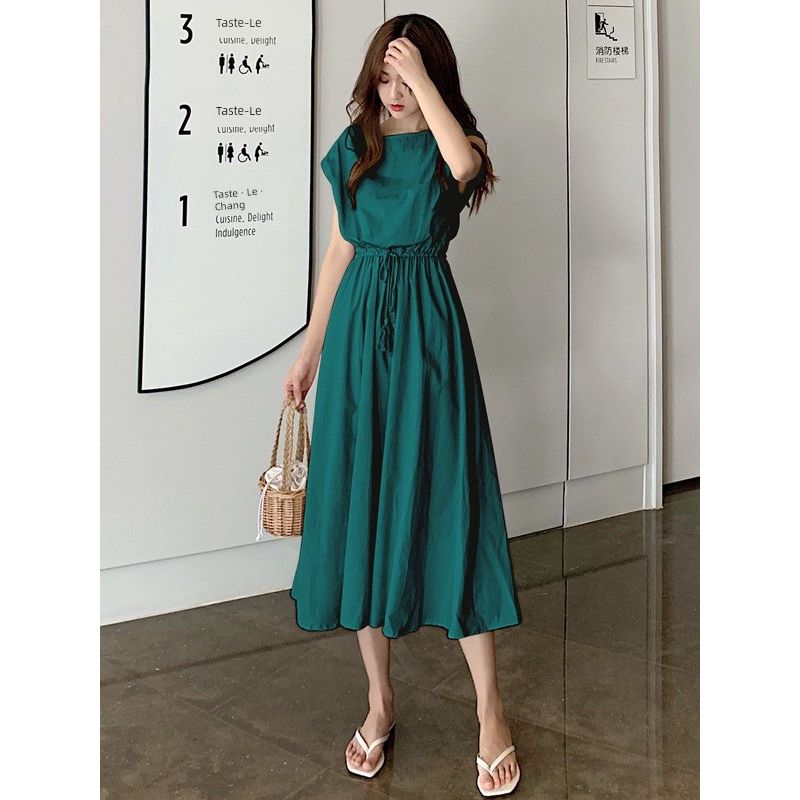 Summer Korean Style New Solid Artistic Student Waist Hugging round Neck Loose Mid-Length Sleeveless Dress Women Dress