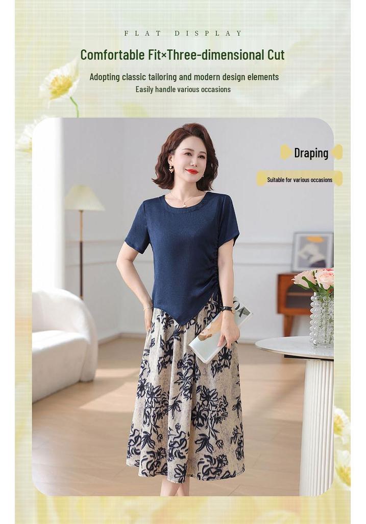 Summer Two-Piece Set for Mature Women: Stylish Short-Sleeve Top and Skirt Dress