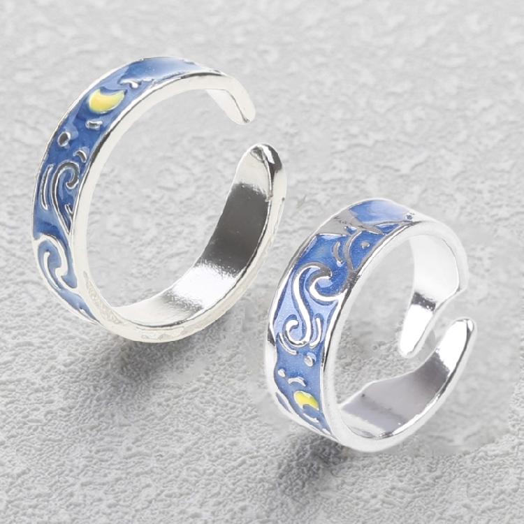 Van Gogh Starry for Sky Ring Open Lover Couple Ring Adjustable Finger Ring for A