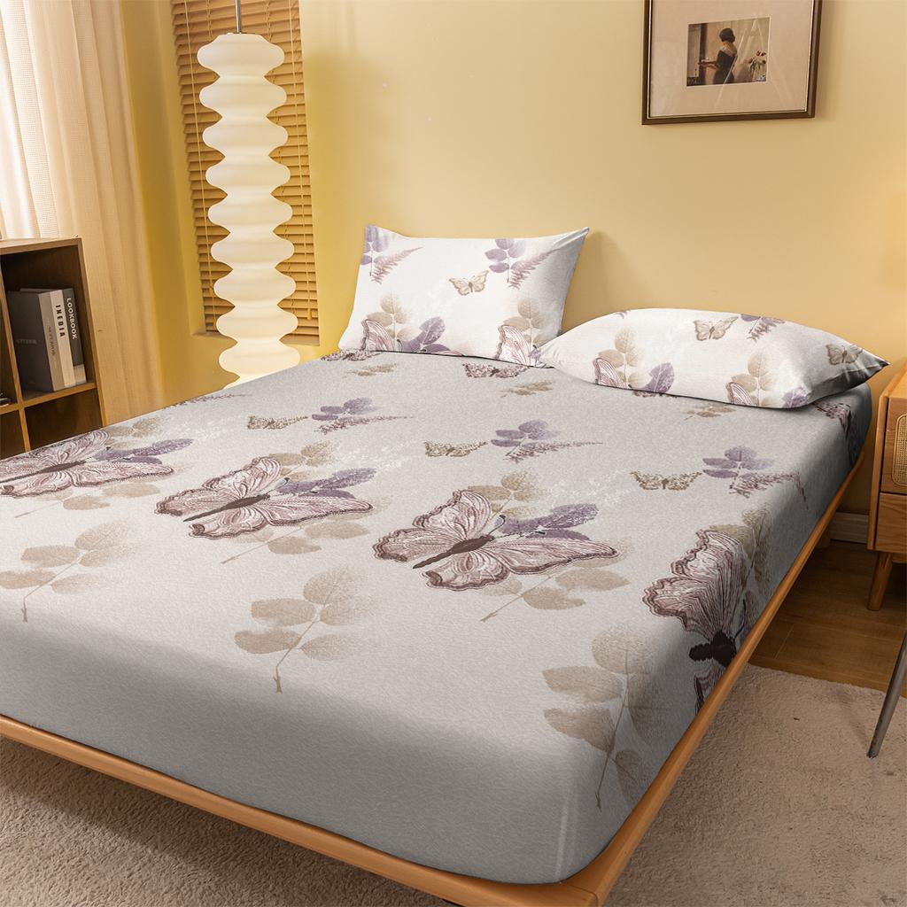 1Simple Modern Plant Flower Leaf Butterfly Printed Matte Fitted Sheet, Bedroom Printed Bed Cover, Bedding(Excluding Pillowcases)