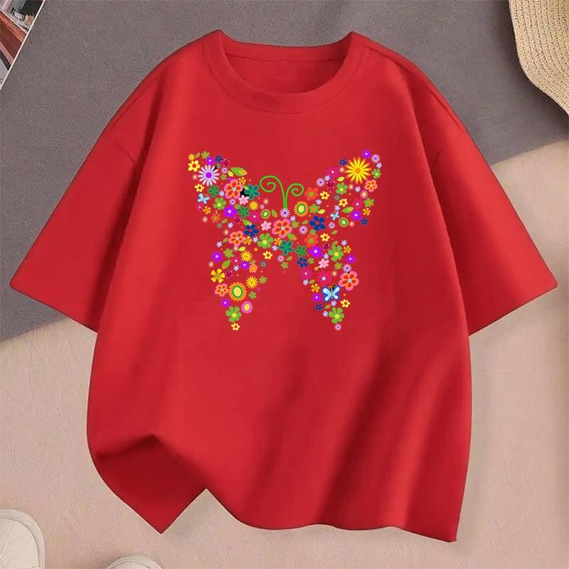 Farbenfrohes T-Shirt für Teenager mit Schmetterlingsdruck Mädchen Sommer Lässig Niedlich Mode O-Ausschnitt Kurzarm Kinder Oberteile Kleidung T-Shirt